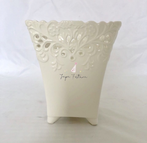 Vaso Cerâmica Quadrado Desenhado Branco Locação SP