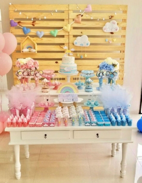 Kit Decoração Chá Revelação Nuvem Rosa e Azul Locação SP